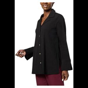 WynneCollection Women's Textured Crinkle Button-Down Shirt Black - Petite